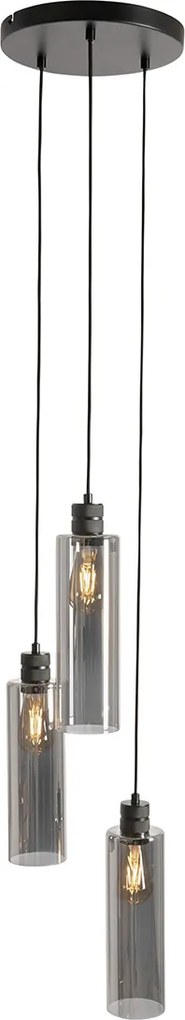 Moderne hanglamp zwart met smoke glas 3-lichts - Stavelot