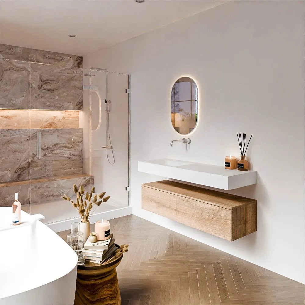 Zaro Alan badmeubel 130cm washed oak 1 lade met vrijhangende wastafel cloud links zonder kraangat talc