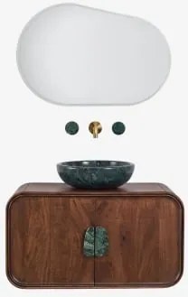 Hangend Badkamermeubelset 95x45 Cm Van Mangohout En Natuurlijke Kivalina-steen Groen Marmer Uit Udaipur - Donker Mangohout & Onde Groene Marmeren -