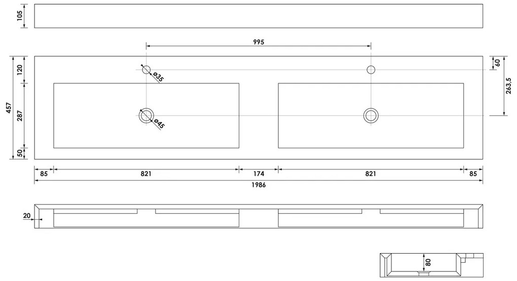 Brauer Coral dubbele wastafel marmerlook 200cm met 2 kraangaten calacatta gold