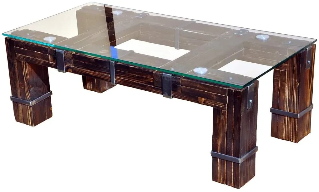 CHYRKA® Salontafel LD DROHOBYCZ woonkamer tafel loft vintage bar industrieel design handgemaakt hout glas metaal