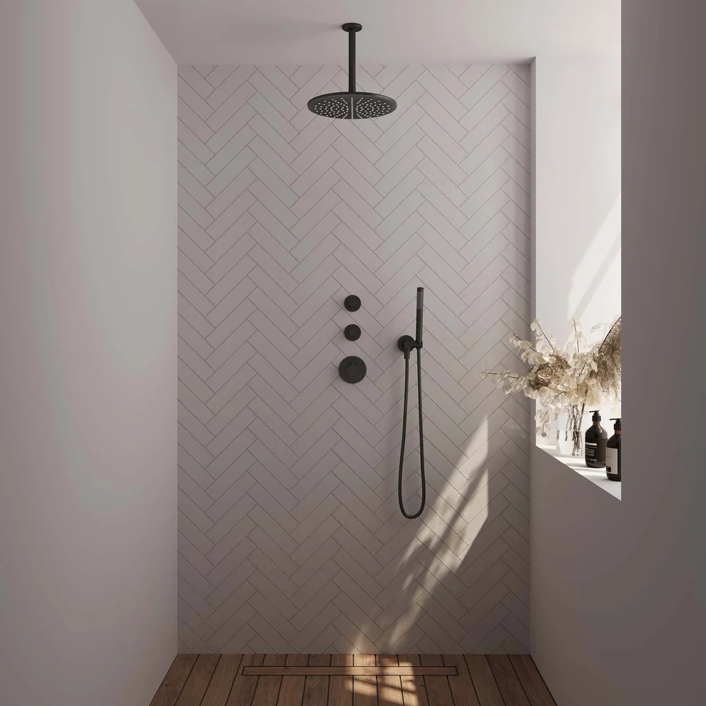 Brauer Black Carving complete inbouw regendouche set 06 met 30cm douchekop, plafondarm en staafhanddouche mat zwart