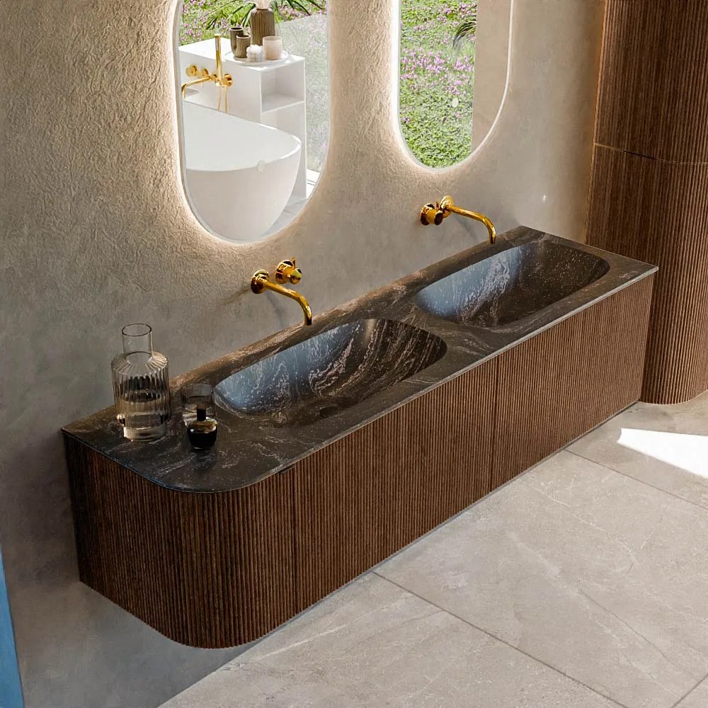 Mondiaz Kurve-dlux 165cm badmeubel ronding links walnut met 2 lades en 1 deur en wastafel stor small dubbel/rechts zonder kraangat lava