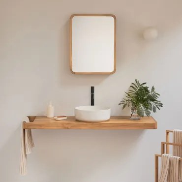 Conjunto Van Meubel 130x45 Cm Hangend In Teakhout Neill Teakhout & Rond Keramiek Wit Ø40 Cm Lenka & Mat Zwart ↑30 Cm Met Afvoerkraan Zonder Overloop O