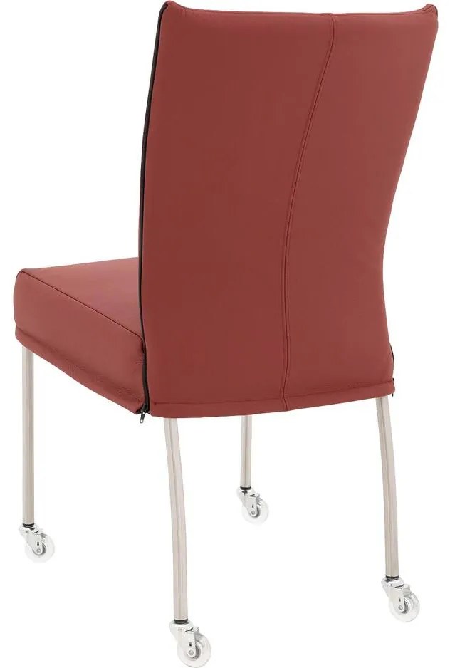 Goossens Eetkamerstoel Funk RVS Poten rood leer leuning en Transparant skater wiel met rvs kapmet wielen, modern design