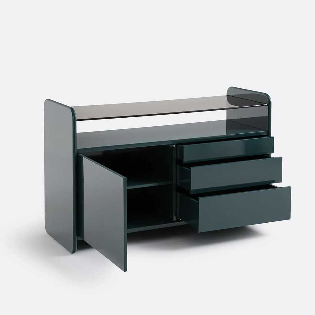 Gelakt dressoir met blad van gerookt gehard glas, 1 deur en 3 lades, ERICSON