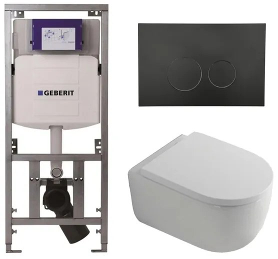QeramiQ Dely Swirl Toiletset - 36.3x51.7cm - Geberit UP320 inbouwreservoir - met Burda frame - 35mm zitting - mat zwarte metalen bedieningsplaat - ronde knoppen - wit glans 0701131/SW706192/SW1000767/SW1026256