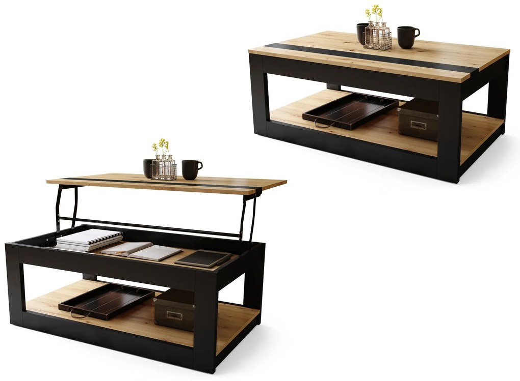 LUSSO Artisan Eik/Zwart mat - MODERNE SALONTAFEL MET VERHOOGD BLAD + OPBERGRUIMTE + SCHAP (OP WIELEN!)
