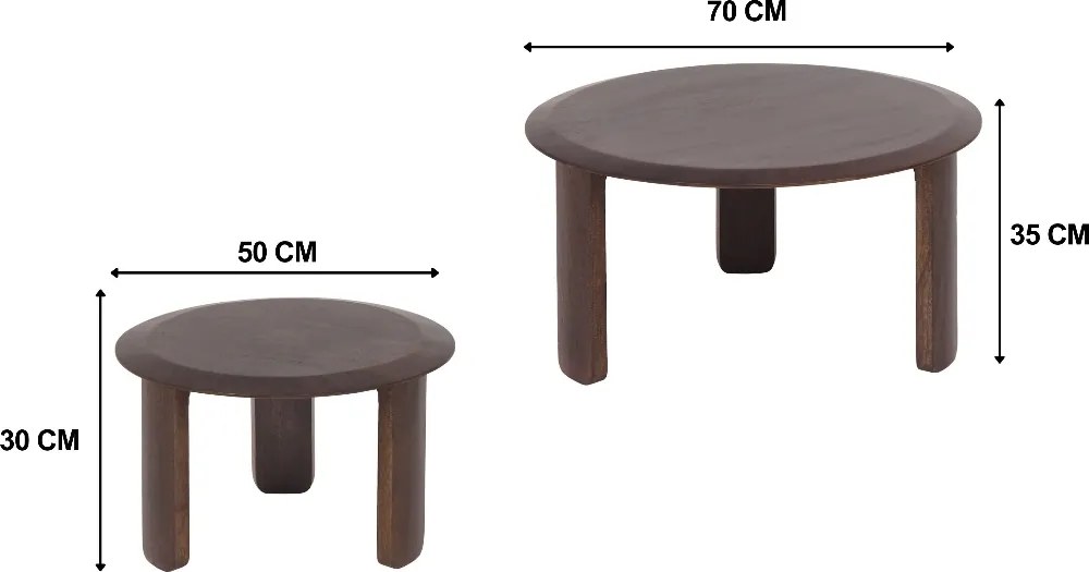 Set Van Twee Ronde Salontafels Bruin - 70 X 70cm.
