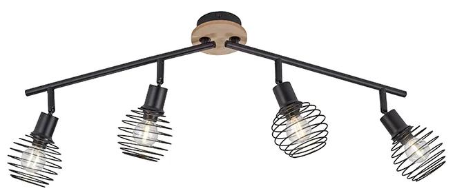 Design plafondSpot / Opbouwspot / Plafondspot zwart met hout 4-lichts - Winsten Industriele / Industrie / Industrial E14 Binnenverlichting Lamp