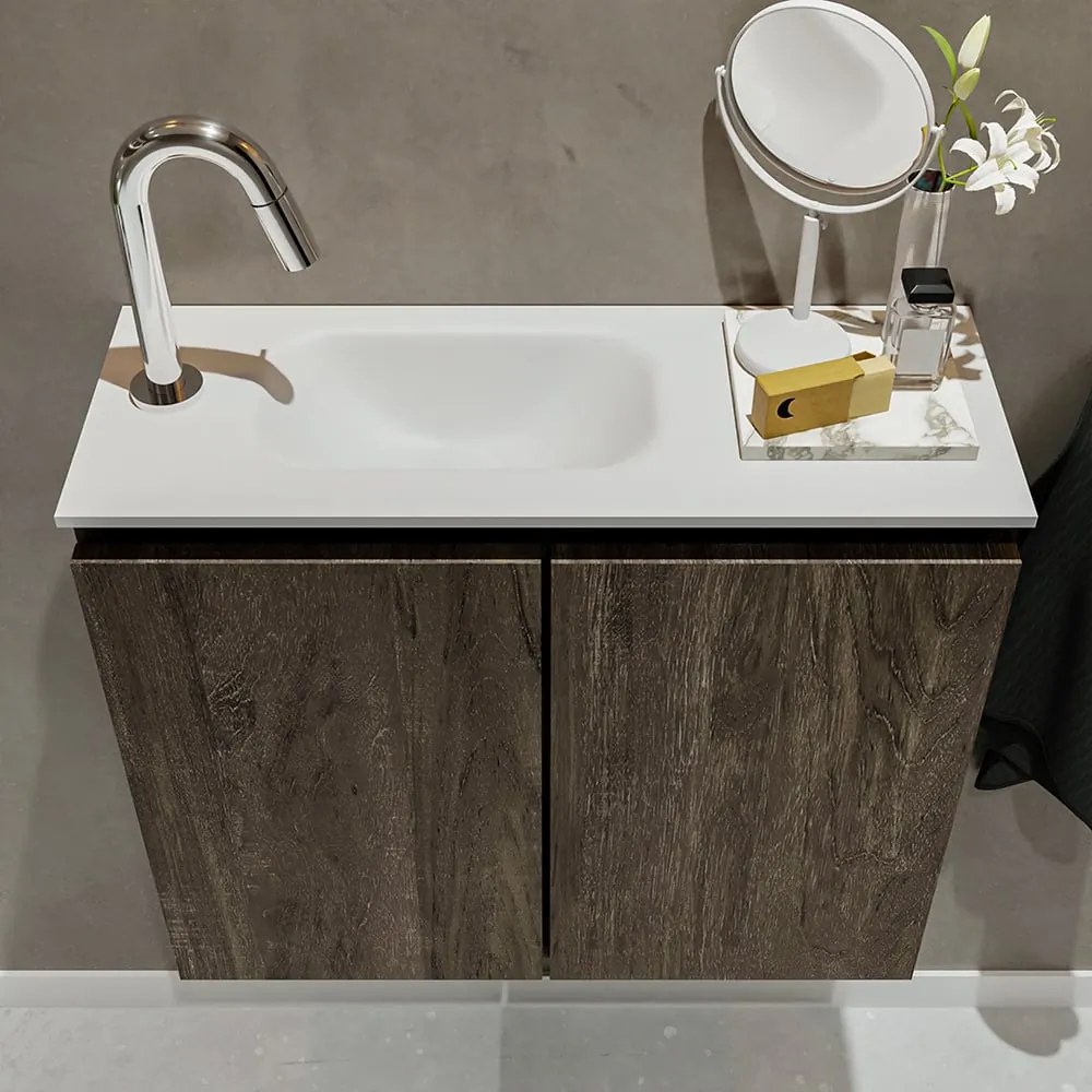 Mondiaz Ture 60cm toiletmeubel dark brown met wastafel talc links 1 kraangat