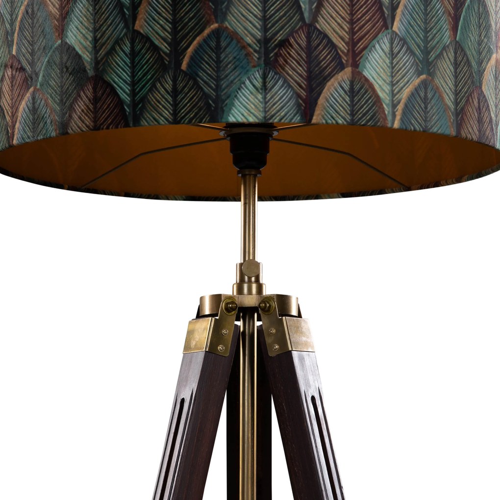 Vloerlamp messing tripod met velours lampenkap blad dessin met gouden binnenkant - Cortin Klassiek / Antiek, Landelijk E27 rond Binnenverlichting Lamp