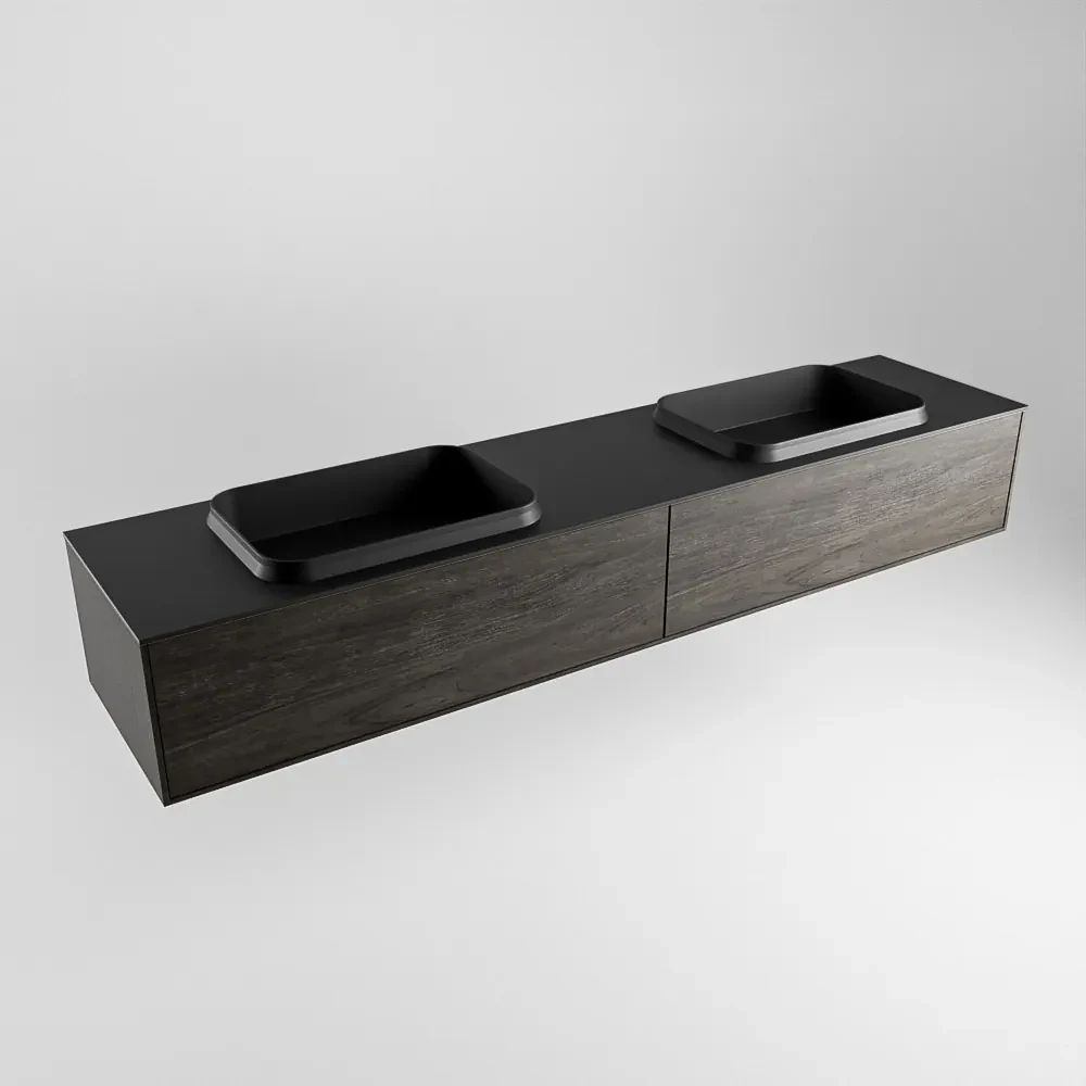 Mondiaz Erin 200cm badmeubel Dark Brown met 2 lades en zwarte wastafel dubbel zonder kraangaten
