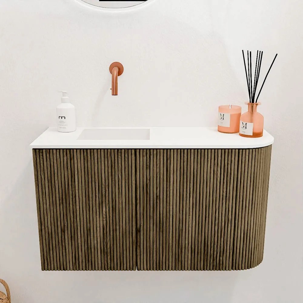 Mondiaz Joya 70cm toiletmeubel ronding rechts dusk met wastafel faye links zonder kraangat talc