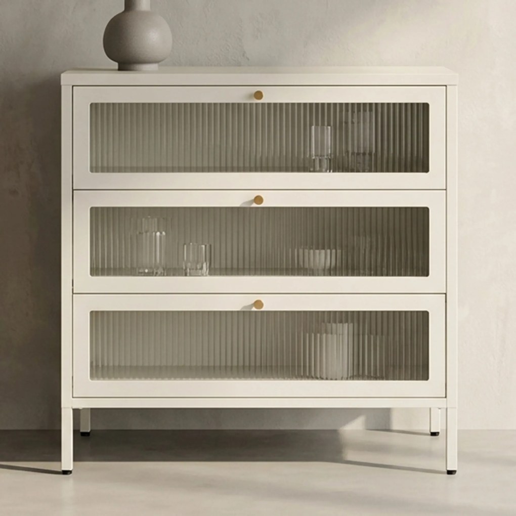 Kare Design Naxos Klepdeuren Kast Off White Met Ribbelglas - 85x35x80cm.