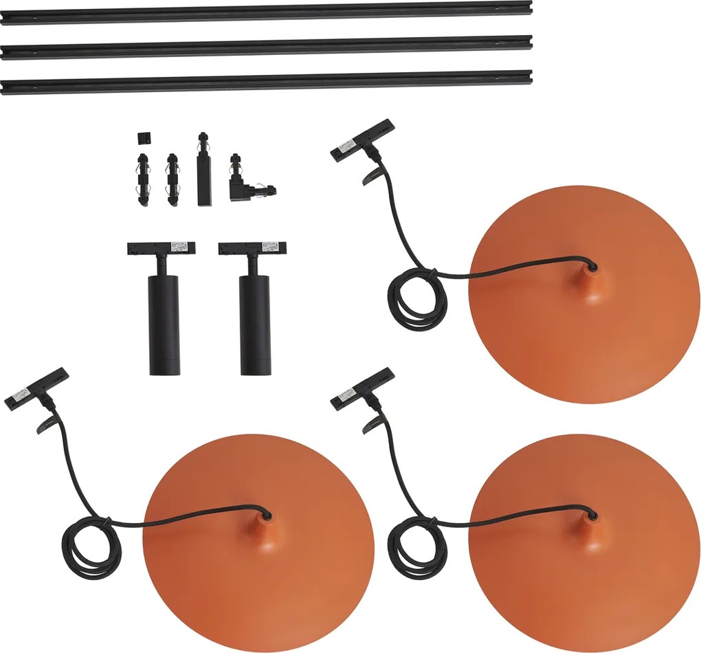 Modern railsysteem zwart met 2 spots en 3 hanglampen oranje 1-fase - Slimline Uzzy Panzi