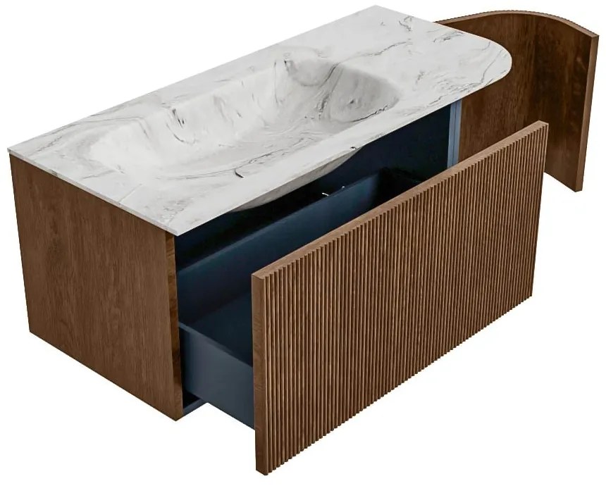 Mondiaz Kurve-dlux 105cm badmeubel ronding rechts walnut met 1 lade en deur en wastafel big small links zonder kraangat glace