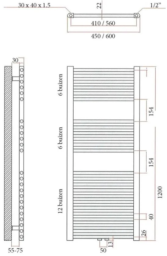 Sanicare design handdoekradiator 60x120cm midden aansluiting wit