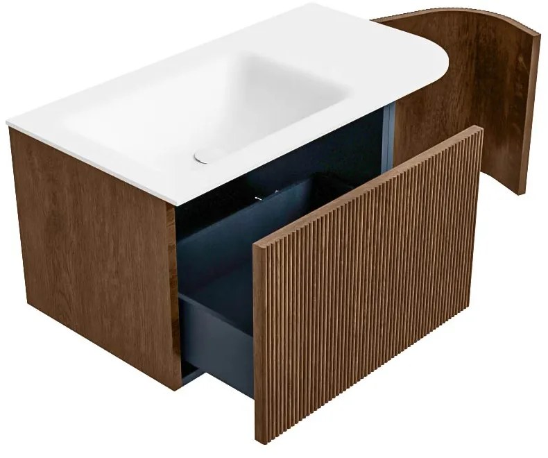 Mondiaz Kurve 85cm badmeubel ronding rechts walnut met 1 lade en deur en wastafel cloud links zonder kraangat