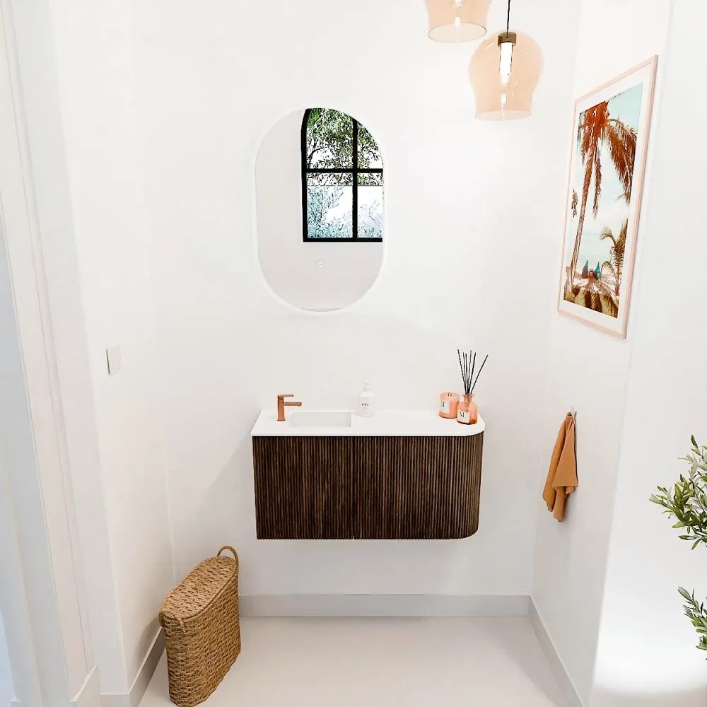 Mondiaz Joya 80cm toiletmeubel ronding rechts walnut met wastafel faye links 1 kraangat talc