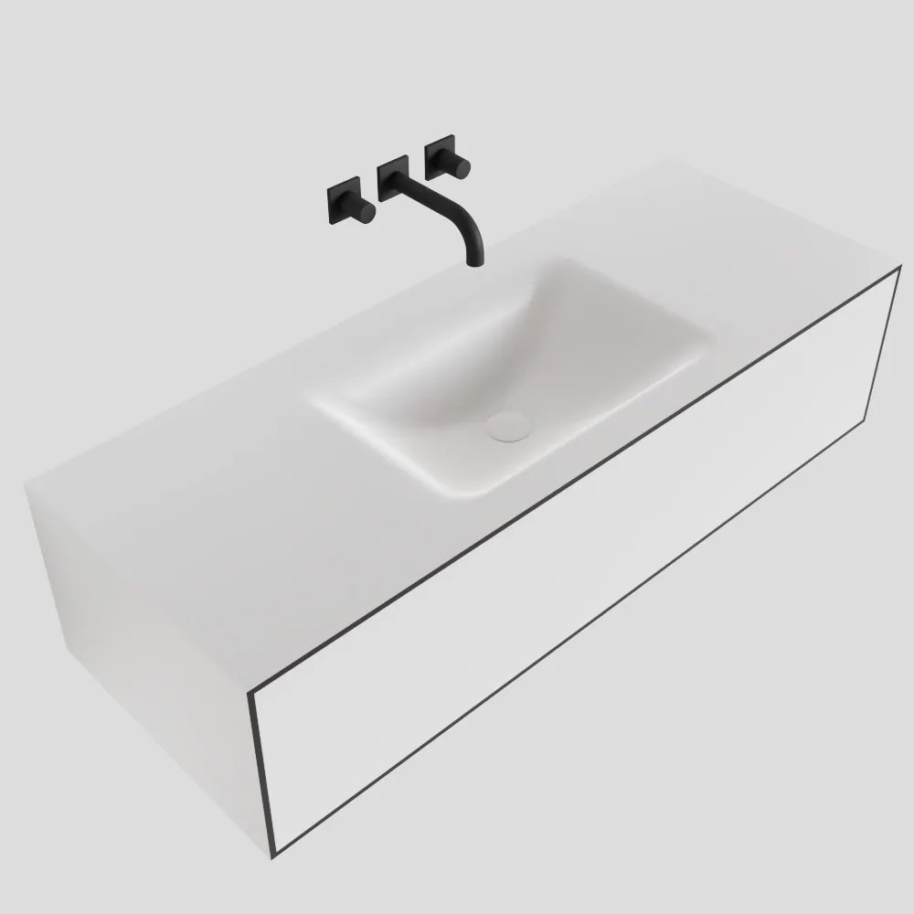 Zaro Lagom volledig naadloos solid surface onderkast 120cm mat zwart met 1 lade Push tot open. Compleet met solid surface wastafel met 0 kraangat(en)