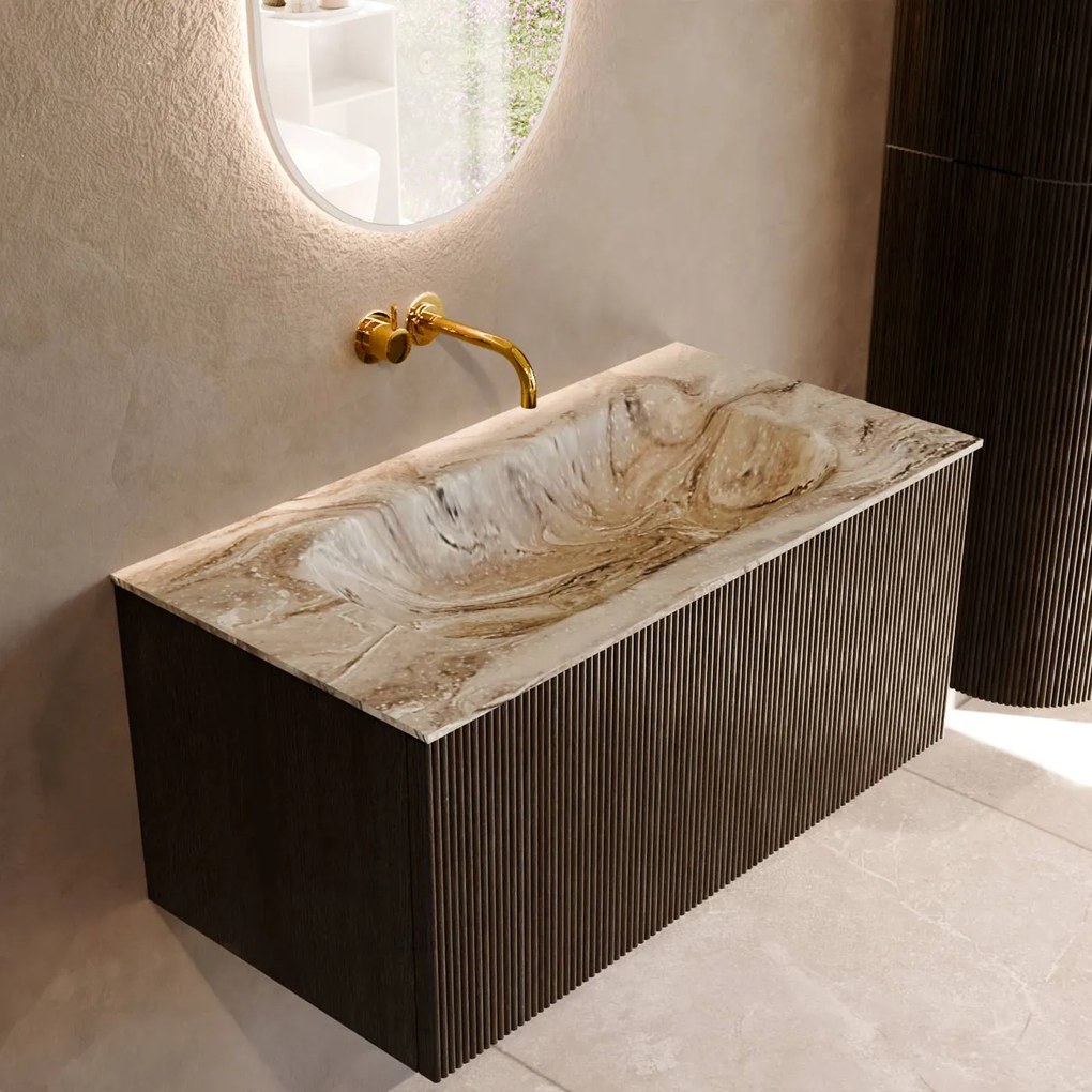 Mondiaz Kurve-dlux 90cm badmeubel shadow met 1 lade en wastafel big small midden zonder kraangat glace