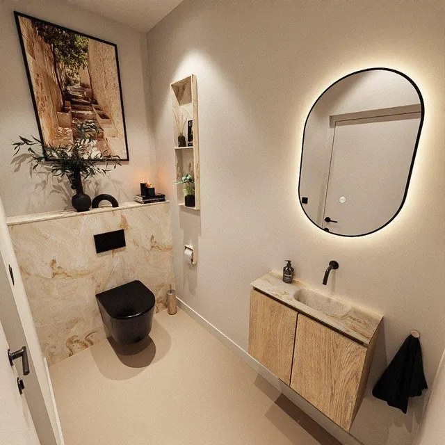 MONDIAZ TURE-DLUX 60cm toiletmeubel Washed Oak. EDEN wastafel Frappe positie rechts. Zonder kraangat. TUREDX60WASR0FRA