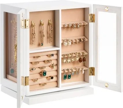 VEVOR Sieradendoos 360° Draaibare sieradendoos met 5 lades, acrylvenster en 4 kettinghaken aan elke kant, opbergdoos met metalen handgrepen, bodemkussen en zachte fluwelen voering Wit
