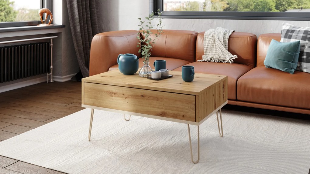 HAIRPIN S-90 Eik Artisan/Beige (Champagne) - MODERNE SALONTAFEL MET OPKLAPBAAR BLAD + OPBERGRUIMTE + PLANK