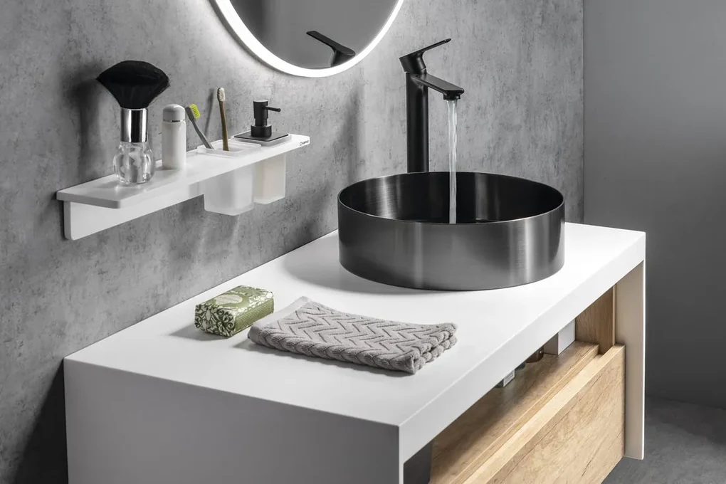 Sapho Abeline rockstone plank met glas en zwarte zeepdispenser 80cm wit