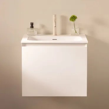 Macrae Zwevend Houten Badkamermeubelset Met Geïntegreerde Wastafel Wit & Spiegelloze & Tapioca Beige ↑20 Cm Met Overloop - Sklum