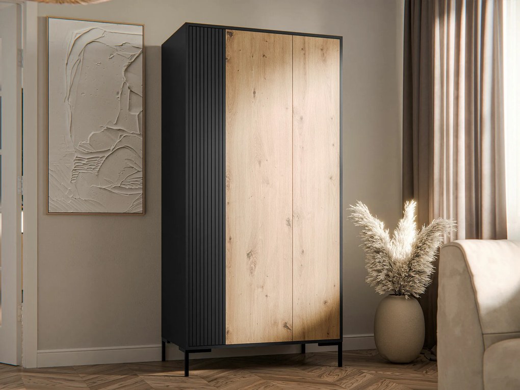 Kledingkast Fabula, Zwart, Artisan eiken, 184x90x55cm, 72.55 kg, Kledingkast deuren: Met scharnieren