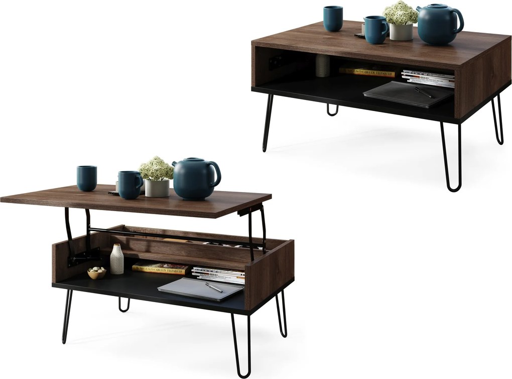 HAIRPIN S-90 Eik Bruin/Zwart Mat - MODERNE KOFFIETAFEL MET OPKLAPBARE TAFEL + OPBERGVAK + PLANK