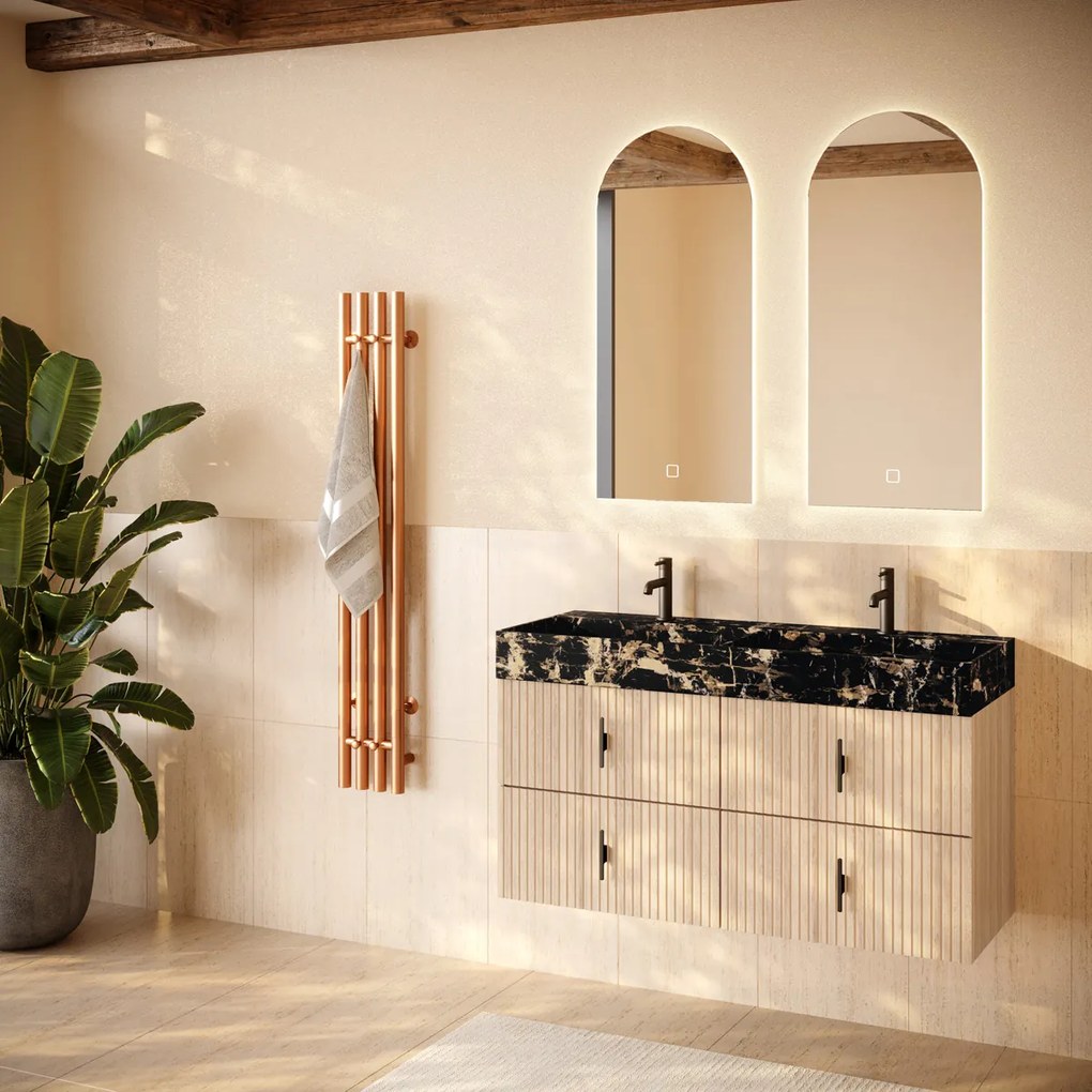 Muebles Murcia badmeubel ribbelfront 120cm naturel eiken met Portoro Gold wastafel met kraangaten