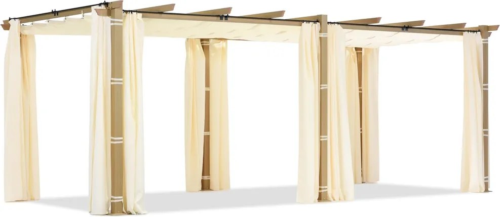 Barbados terraspergola 3x6 m met Garden Point houtachtig-beige gordijnen