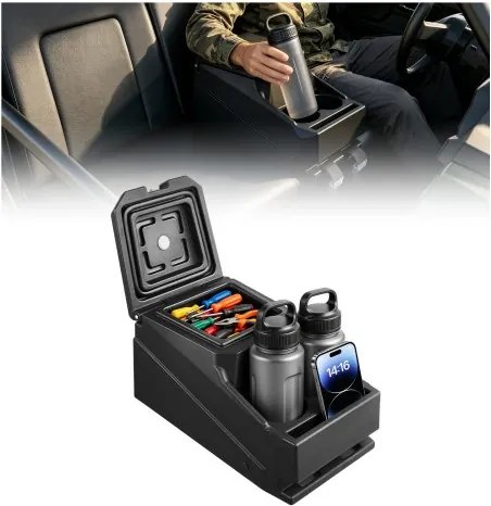 VEVOR middenconsole opbergbox voor Polaris Ranger & Can-Am Defender 17-26, afsluitbare HDPE opbergbox met bekerhouder en telefoonhouder, interne afwateringsgaten, zwart