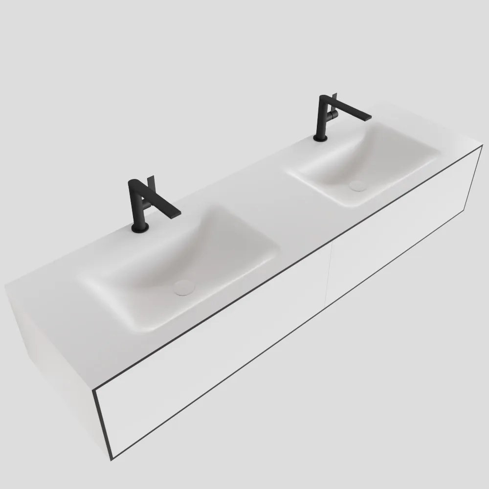 Zaro Lagom volledig naadloos solid surface onderkast 160cm mat zwart met 2 lades Push tot open. Compleet met solid surface wastafel met 2 kraangat(en)