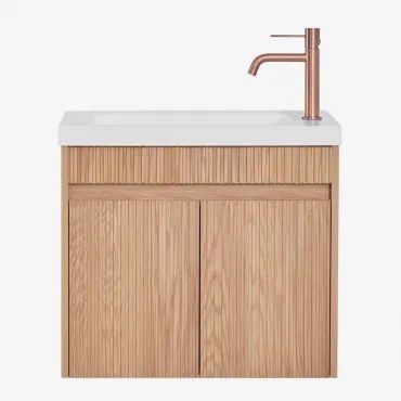 Narek Zwevend Houten Badkamermeubelset Met Geïntegreerde Wastafel Ash Brown & Spiegelloze & Roségoud Geborsteld ↑20 - Sklum