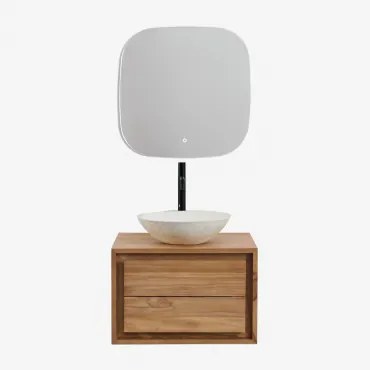 Jabari Teakhouten Badkamermeubelset Teakhout & Rond Cement Wit Ø40 Cm Zavion & Vierkant Led En Anticondens 75x75 Cm Riben & Zwart - Sklum