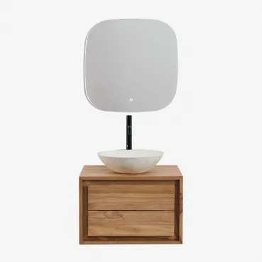 Jabari Zwevend Badkamermeubelset Van Teakhout Teakhout & Rond Cement Wit Ø40 Cm Zavion & Vierkant Led En Anticondens 75x75 Cm Riben & - Sklum