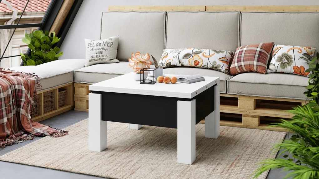 Mazzoni OSLO wit / zwart mat, uitklapbare salontafel met in hoogte verstelbaar blad