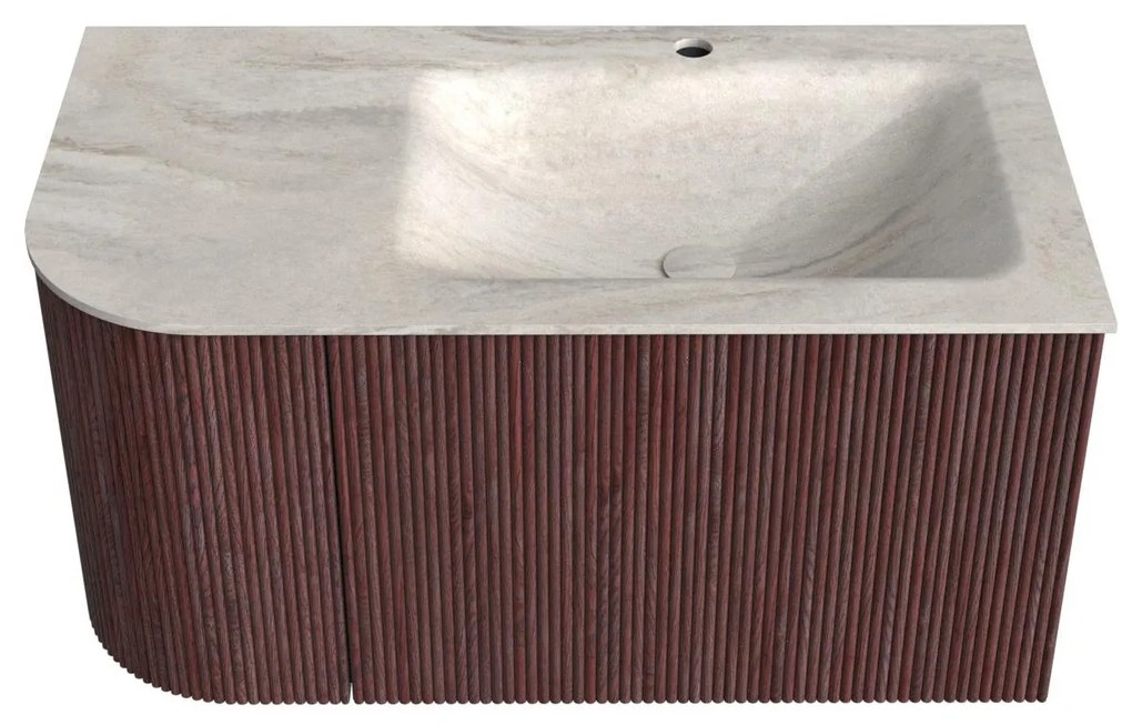 Mondiaz Kurve-dlux 85cm badmeubel ronding links ruby met 1 lade en deur en wastafel cloud kraangat rechts ostra