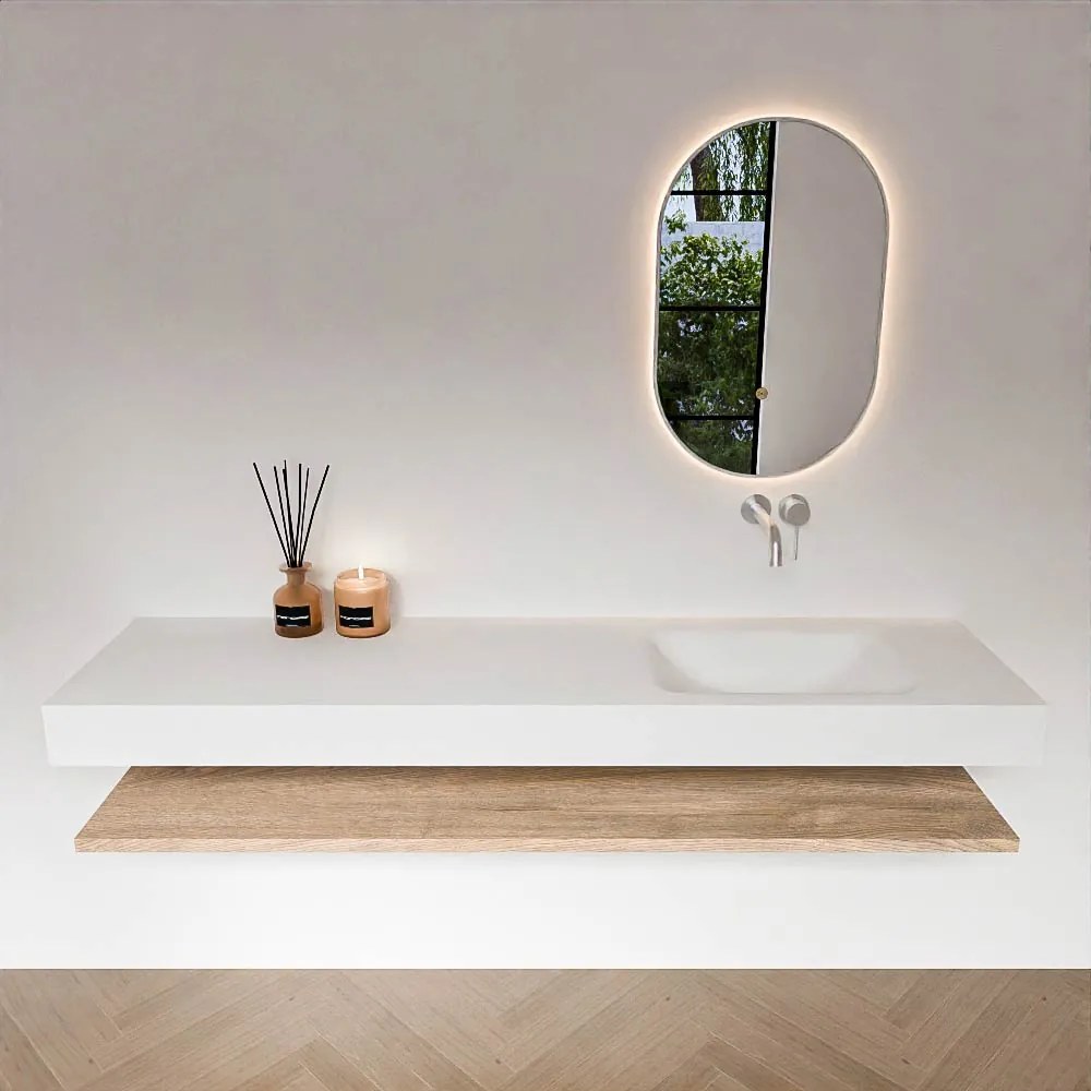 Zaro Alan badmeubel 180cm met planchet washed oak en vrijhangende wastafel cloud rechts zonder kraangat talc