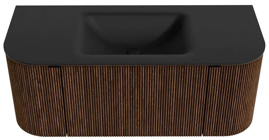 Mondiaz Kurve 110cm badmeubel ronding links/rechts walnut met 1 lade en 2 deuren en wastafel cloud midden 1 kraangat urban