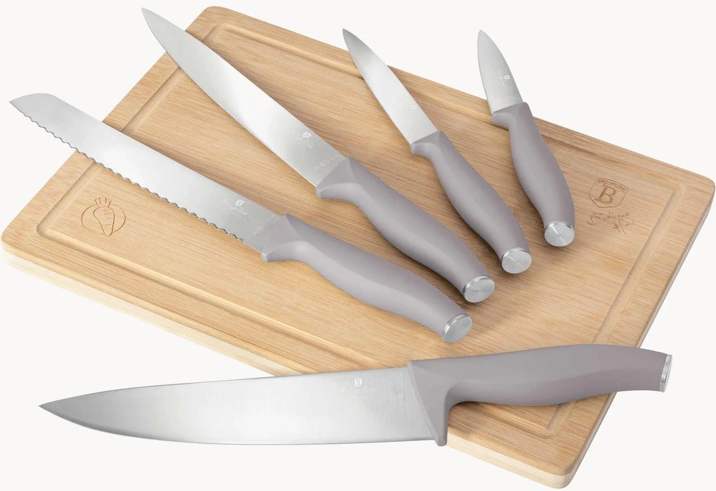 Keukenmessenset Taupe met bamboehouten snijplank, 6-delig