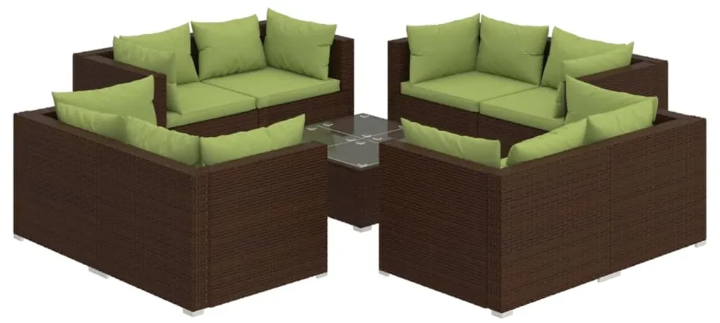 vidaXL 9-delige Loungeset met kussens poly rattan bruin