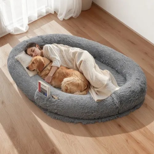 VEVOR Hondenmand voor mens en hond, 174x118x24 cm, Hondenmand van traagschuim op mensenformaat, met zijvak, handvat en ritssluiting, afneembare, machinewasbare hoes, hoogpolig donkergrijs
