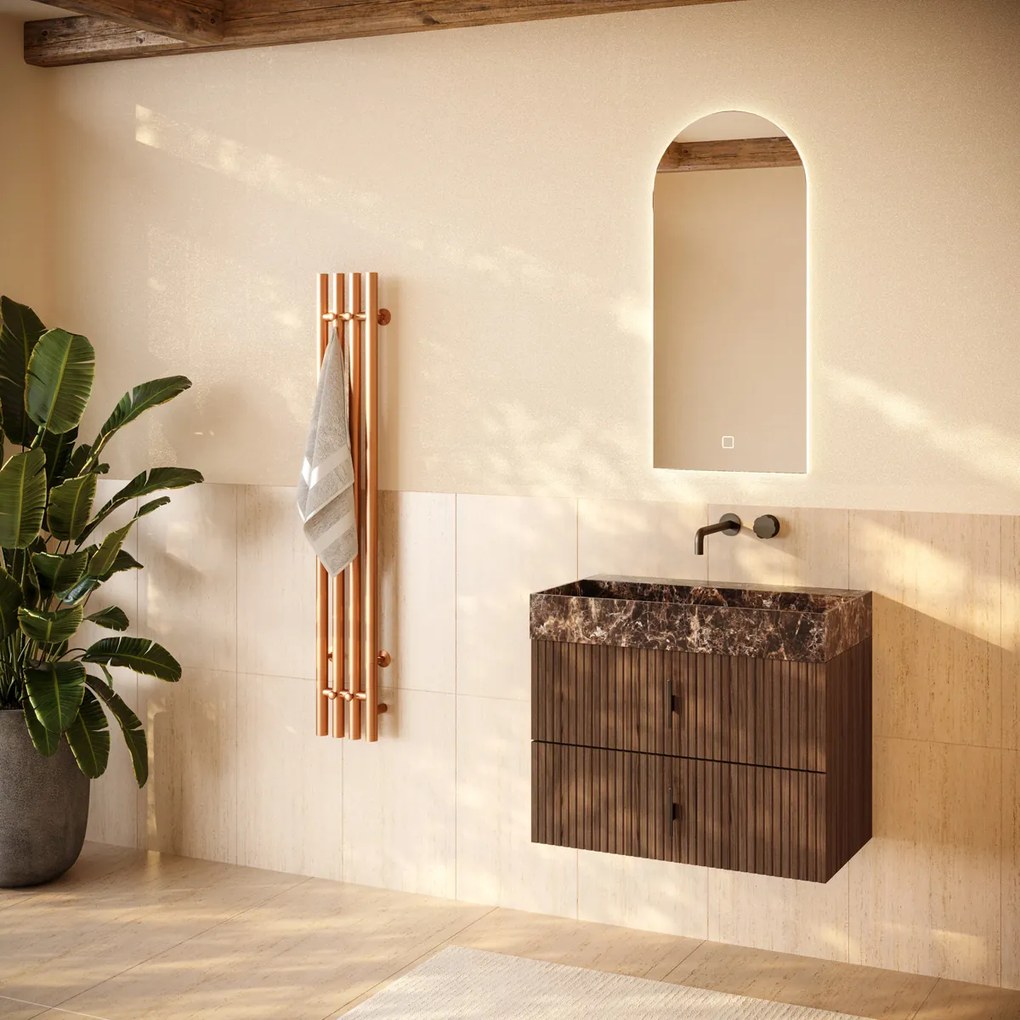 Muebles Murcia badmeubel ribbelfront 80cm walnoot met Dark Emperador wastafel zonder kraangat