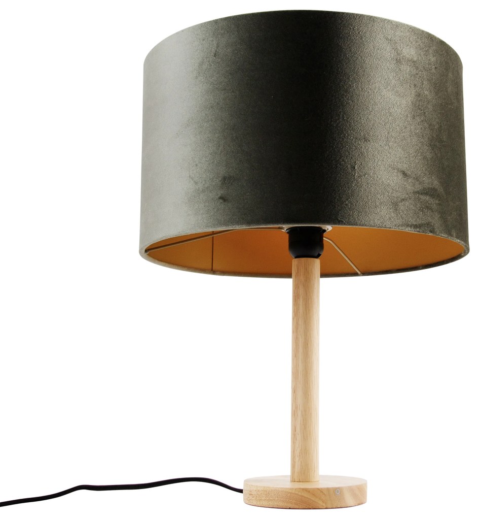 Tafellamp hout met velours kap groen 35cm - Mels Klassiek / Antiek, Landelijk E27 rond Binnenverlichting Lamp