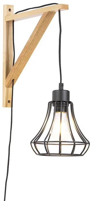 Landelijke wandlamp hout met zwart frame - Galgje Landelijk Minimalistisch E27 Draadlamp Binnenverlichting Lamp